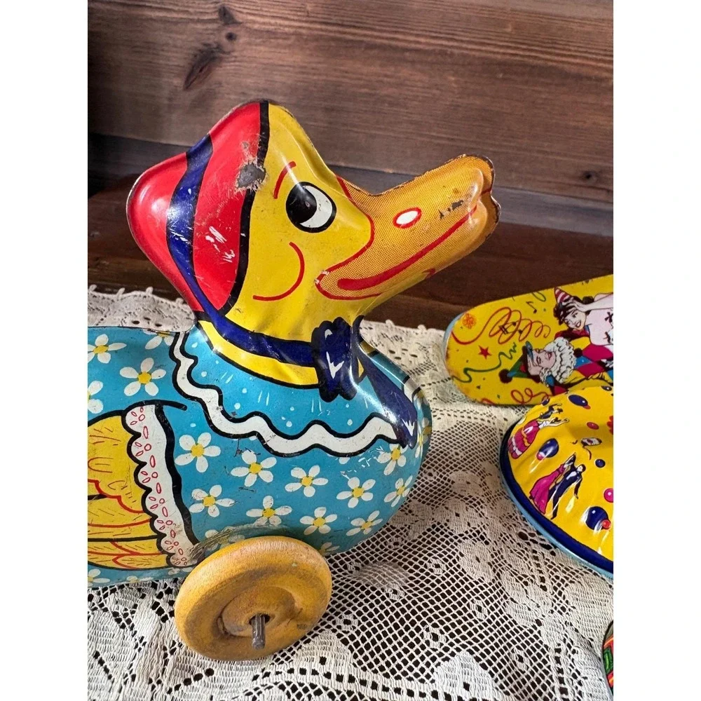 Vintage Tin Toys Lot: Wind-Up Duck, Turtle, Party Spinners – Parts/Decor